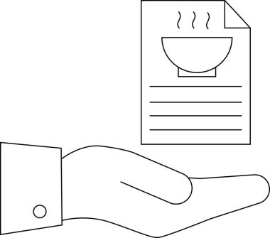 Bir el, basit bir çizim tarzıyla betimlenmiş bir kase sıcak çorbanın yer aldığı bir menü sunar, yemek servisi veya mutfak teması için idealdir..