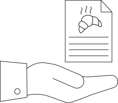 Lezzetli bir kruvasan tarifini sunan bir elin minimalist çizgisi çizimi. Mutfak projeleri ve tasarım için mükemmel..