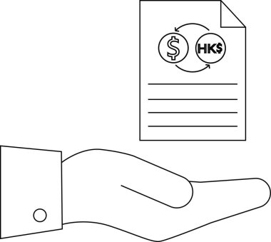 Bir el, Amerikan doları ile Hong Kong doları arasındaki para değiş tokuşunu gösteren, mali işlemleri ve küresel ekonomiyi sembolize eden bir belge sunar..