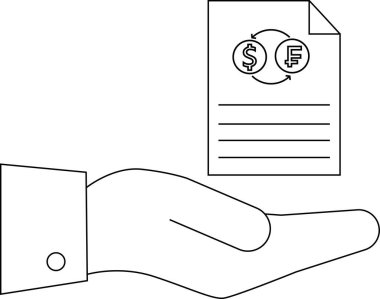 Bir el, döviz kurunu simgeleyen, mali işlemleri ve küresel ekonomiyi basit bir sanat tarzında temsil eden bir belge sunar..