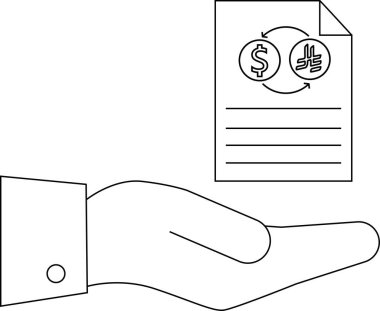 A hand presents a document illustrating currency exchange, symbolizing financial transactions and global economics in a simple line art style.
