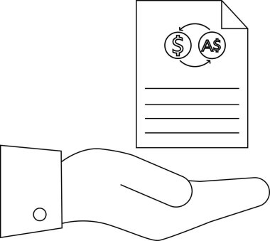 Bir el, döviz kurunu gösteren, mali işlemleri ve küresel ekonomiyi simgeleyen basit bir çizgi sanat tarzında bir belge sunar..