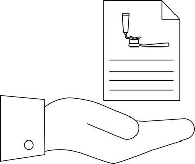 Bir el bir belgeye diş fırçası ve diş macunu çizimi sunar, diş bakımı tavsiyesini sembolize eder ve ağız temizliği uygulamalarını teşvik eder.