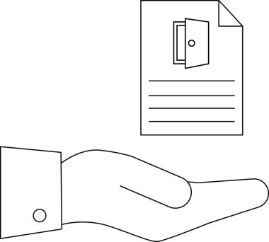 Bir el, fırsatları sembolize eden bir kapı içeren bir belge sunar. Ticari veya kişisel büyüme kavramları için basit çizgi çizgisi çizimi.