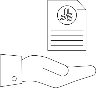 Bir el, bir iş teklifini ya da teklifini sembolize eden bir belgeye logo sunar. Resim basit bir çizgi çizimi..