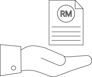 Bir el, kaynak yönetimi veya ilgili iş kavramlarını basit bir çizgi sanat tarzında sembolize eden, RM ile işaretlenmiş bir belge sunar.