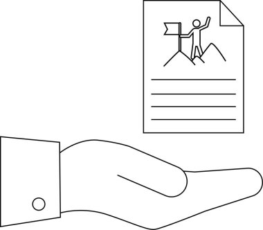 Bir el, başarı ve başarıyı simgeleyen bir dağın zirvesine ulaşan bir kişiyi gösteren bir belge sunar..