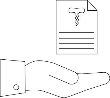 Bir el, bir restoran veya bar ortamında seçim ve servisi sembolize eden tirbuşon simgesi içeren bir şarap listesi sunar..