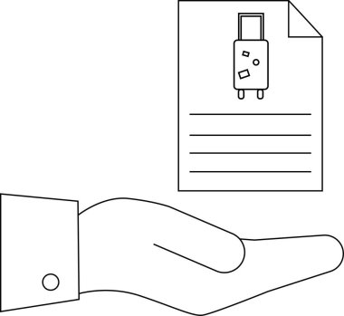 Bir el, seyahat sigortasını ve seyahatlerin korunmasını sembolize eden bir bavul içeren bir seyahat belgesi sunar. Basit çizgi çizimi.