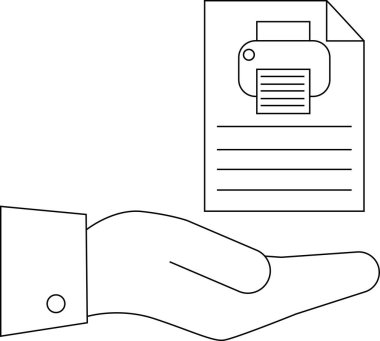Bir el, matbaa hizmetlerini, belge yönetimini veya ofis teknolojisini simgeleyen basılı bir belgeyi temiz, minimalist bir tasarımla sunar..
