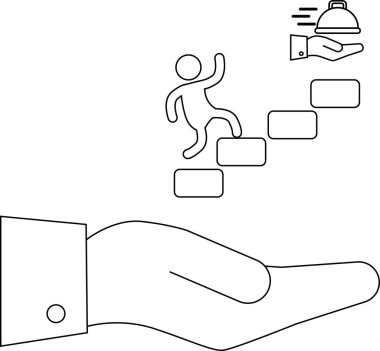 Yemek servisi kariyerine doğru tırmanan bir kişinin tasviri, kariyerindeki ilerlemeyi ve desteği sembolize eden bir yardım eli ile desteklenmektedir..