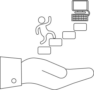 Bilgisayara doğru tırmanan bir kişinin tasviri, kariyer büyümesini sembolize ediyor, yardım eden bir elle destekleniyor, yardım ve rehberliği temsil ediyor..