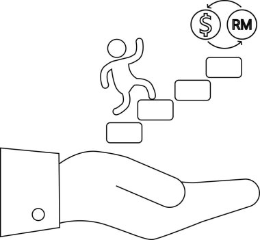 Bir kişinin döviz kuruna yönelik adımlara tırmandığını, mali büyümeyi sembolize ettiğini, yardım eli ile desteklendiğini, yardım ve fırsatları temsil ettiğini gösteren bir resim..