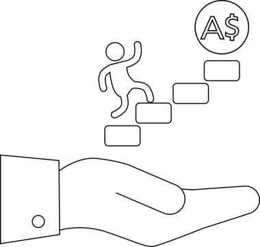 Finansal büyüme ve desteği tasvir eden kavramsal illüstrasyon, bir el ile bir Avustralya dolar sembolüne doğru atılan adımlarda yatırım ve ilerlemeyi temsil ediyor..