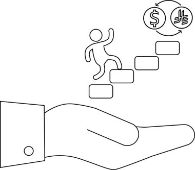 Döviz kuruna giden adımları tırmanan bir kişiyi gösteren bir illüstrasyon, mali destek ve büyümeyi sembolize eden bir yardım eli tarafından destekleniyor..