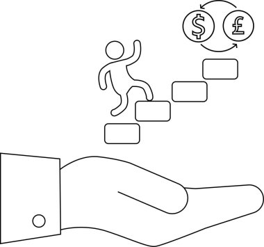Bir el, büyümeye ve uluslararası işlemler için mali desteği sembolize ederek, döviz kuruna yönelik adımları tırmanan kişiyi destekler.