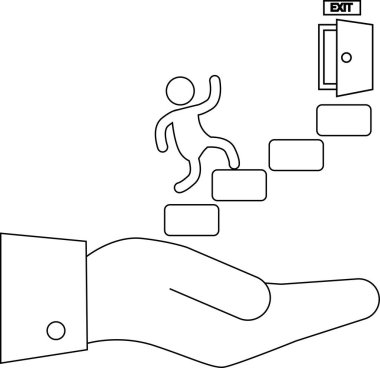 Bir el destek sağlıyor, bir çöp adam merdivenlerden bir çıkış kapısına doğru tırmanıyor, bu da kariyerinde ilerlemeyi ve yardımı simgeliyor..