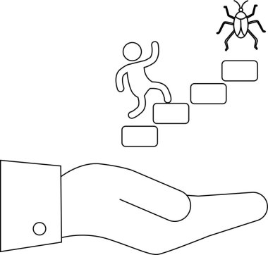 Böceğe doğru giden basamakları tırmanan kişiye destek veren bir el, zorlukları aşmayı ve yardım alarak hedeflere ulaşmayı sembolize ediyor.