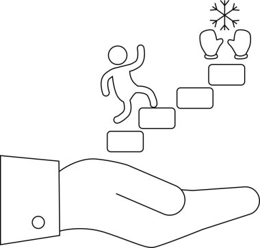 Destekleyici bir el, insanın eldivenler ve kar taneleriyle sembolize edilmiş, minimalist bir sanat tarzında kış hedeflerine doğru adımlar atmasına yardımcı olur..