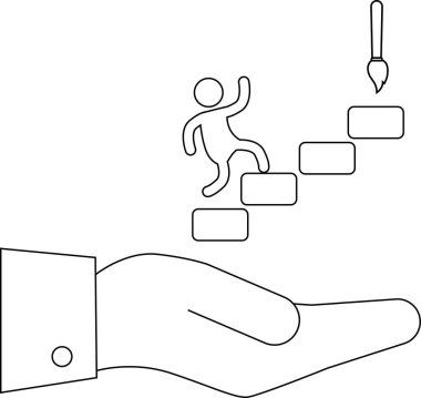 Boya fırçasına doğru merdivenleri çıkan birini destekleyen bir el tasviri, yaratıcı çabalardaki destek ve ilerlemeyi sembolize ediyor.