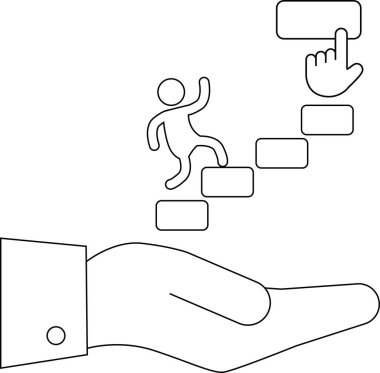 Bir el, destek ve hedefe doğru ilerlemeyi simgeleyen baston figürlü tırmanış adımlarını destekler.