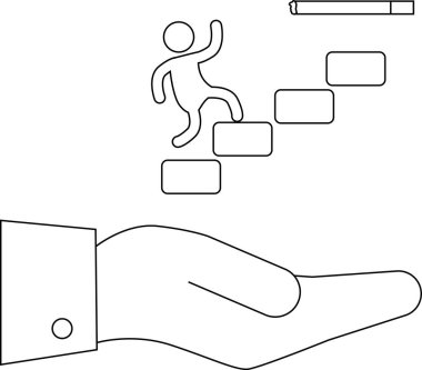 Bir kişinin basamakları tırmanmasını destekleyen bir el tasviri, yardım ve hedeflere ulaşma yolundaki ilerlemeyi simgeliyor.