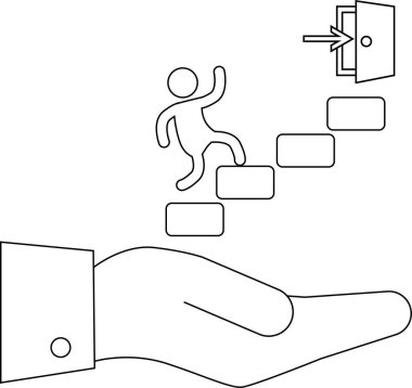 Bir el, kariyer büyümesini ve fırsatı yardımla sembolize ederek, açık bir kapıya doğru merdivenleri çıkan kişiyi destekler..
