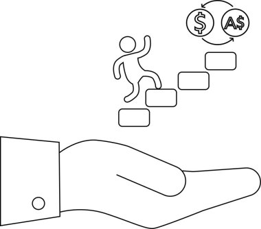 Bir el, maddi büyüme ve desteği sembolize ederek döviz kuru simgesine doğru atılan adımları destekliyor.