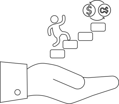 Bir el para birimi dönüşümüne doğru tırmanan figürleri destekler, bu da para biriminin değişiminde mali büyüme ve yardımı simgeler..