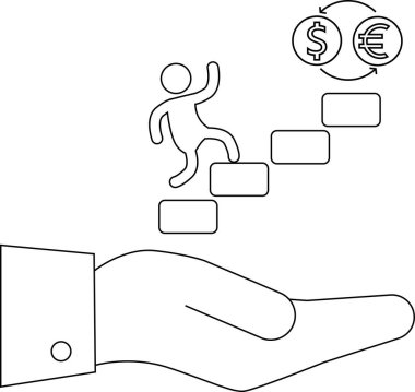 Bir el, mali başarı ve yatırımı temsil eden, en üstteki döviz kuruyla büyümeyi sembolize eden tırmanış adımlarını destekler..