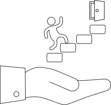 Açık bir kapıya doğru merdivenleri çıkan birini destekleyen bir el tasviri, fırsat ve yardımı simgeliyor..