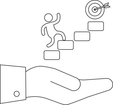 Hedefe doğru merdivenleri çıkan bir insanı destekleyen bir el tasviri iş desteğini, rehberliği ve hedeflere ulaşmayı simgeliyor..