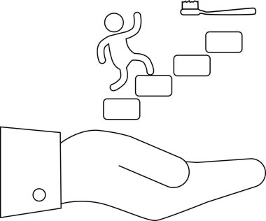 Bir el, diş fırçası ikonu ile merdivenleri tırmanan kişiyi destekler, rehberlik ve diş sağlığını sembolize eder..