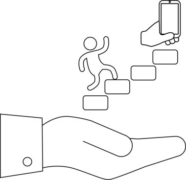 Dijital çağda rehberliği, yardımı ve ilerlemeyi sembolize eden, telefona doğru giden adımları destekleyen bir el tasviri.