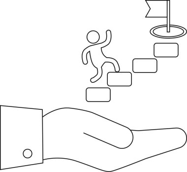 Bir bayrak tarafından temsil edilen hedefe doğru tırmanan bir kişiyi destekleyen bir el çizgisi çizimi. Destek, ilerleme ve başarıyı simgeler.