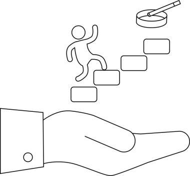 Bir el, sigarayı bırakmayı sembolize ederek kül tablasına doğru çıkan bir çöp adamın merdivenlerini destekler..