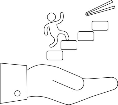 Bir el, çubuk figürünün tırmanma basamaklarını desteğini ve başarı yolunda ilerlemeyi simgeleyen, tepesinde çubuklarla destekliyor..