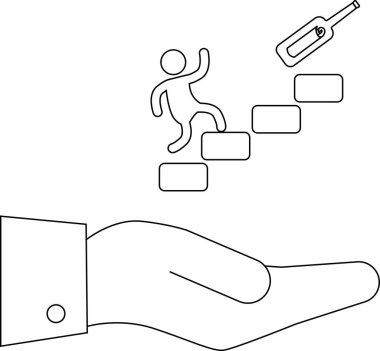 Bağımlılığı yenen bir kişiye yardım eden bir el şişeden uzaklaşarak ilerleme ve iyileşmeyi temsil eden adımlarla sembolize edilir..