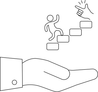 Bir kişi merdivenlere tırmanırken destek sağlayan bir elin tasviri, rehberliği, yardımı ve hedeflere giden yolda ilerlemeyi temsil eden adımlar.