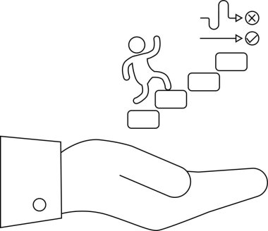 Bir figürün tırmanış basamaklarını destekleyen, rehberliği, desteği ve başarıya giden yolu sembolize eden bir el çizimi.