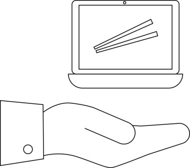 Ekranda yemek çubukları olan bir dizüstü bilgisayarın çevrimiçi yemek siparişini ve teslimat hizmetlerini sembolize eden bir el resmi..