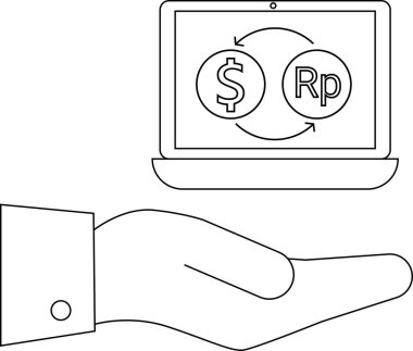 USD ve Endonezya Rupiah arasındaki döviz alışverişini gösteren dizüstü bilgisayar ekranı sunan bir elin minimalist çizgisi..
