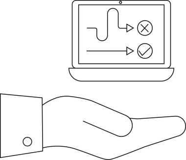 Bir el, karar verme sürecini gösteren bir dizüstü bilgisayar tutuyor, bir haça giden yolu gösteriyor, bir diğeri de kontrol işaretine giden yolu..