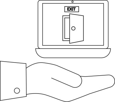 Bir el, dijital kaçışı ya da ayrılışı simgeleyen çıkış kapısı simgesini gösteren bir dizüstü bilgisayar tutuyor..