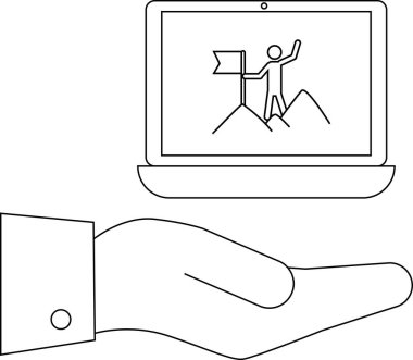 Bir el, bir çubuk figürü gösteren bir dizüstü bilgisayar tutuyor dağın zirvesine bayrak dikiyor, başarıyı, başarıyı ve hedefe ulaşmayı simgeliyor..