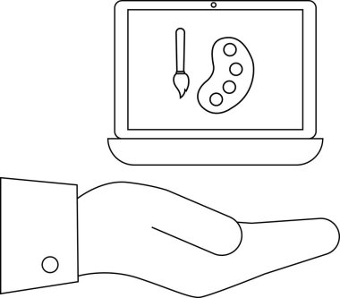 Resim fırçası ve paleti gösteren, grafik tasarımı ve yaratıcı hizmetleri sembolize eden bir el..