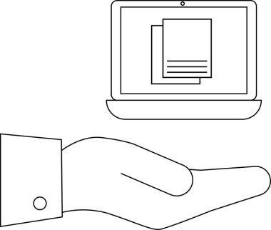 Minimalist bir tasarımda teknoloji, iş ve bilgi erişimini sembolize eden belgeleri gösteren bir dizüstü bilgisayar sunan bir el..