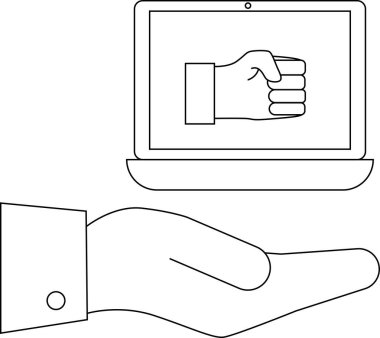 Yumruk gösteren, dijital desteği, yardımı veya çevrimiçi güçlendirmeyi sembolize eden bir el bilgisayarı. Minimalist çizgi çizimi.