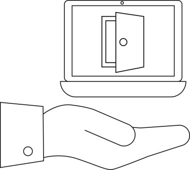 Ekranda açık bir kapı ile dizüstü bilgisayar tutan bir el tasviri erişimi veya fırsatı simgeliyor..