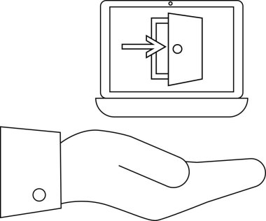 Bir el, içinde ok olan açık bir kapıyı gösteren bir dizüstü bilgisayar tutuyor. Dijital bağlamda erişimi, girişi ya da fırsatı simgeliyor..